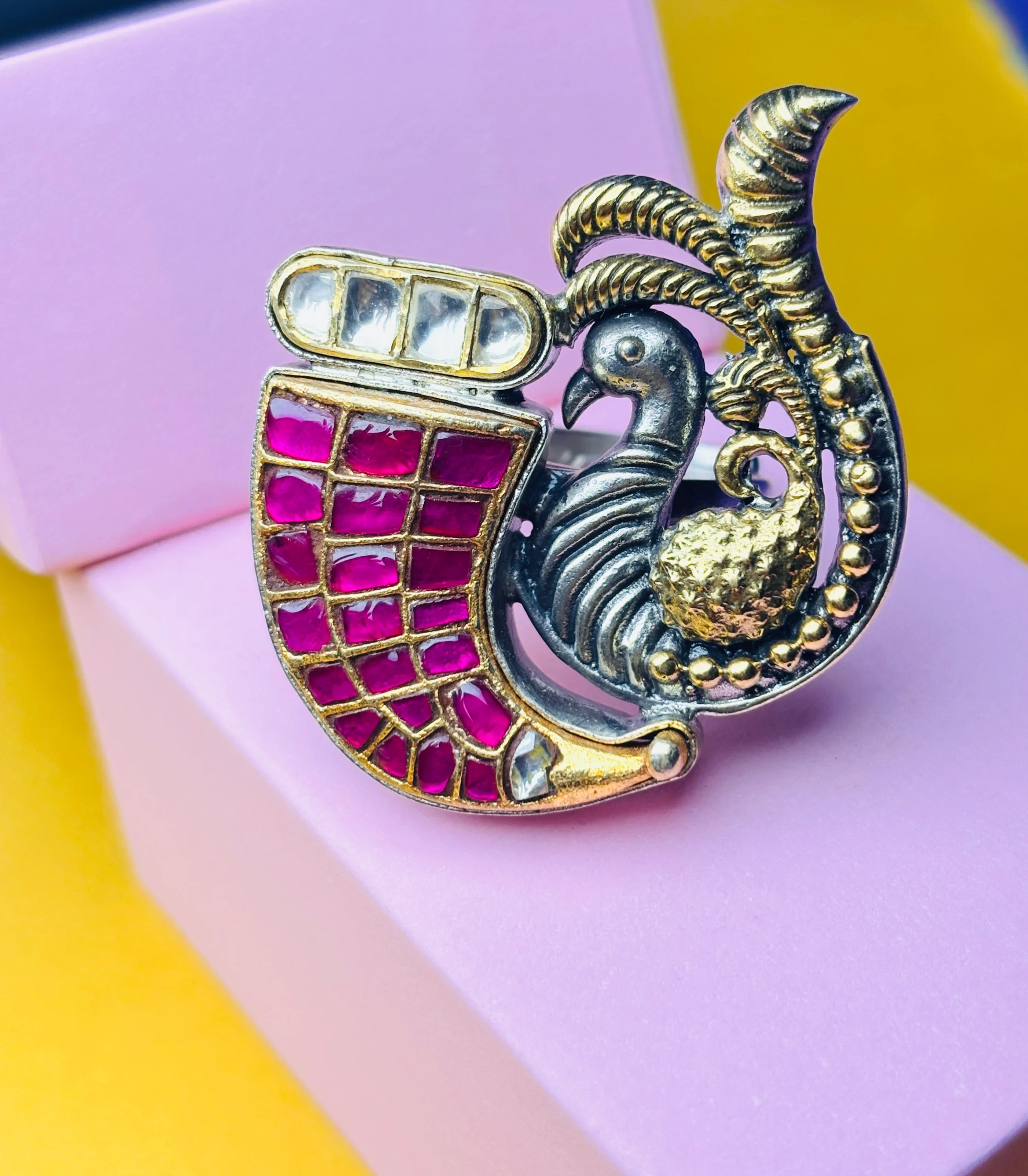 Handcrafted Peacock Design Silver Ring with Ruby-Pink & White Stone Inlay - Image 2