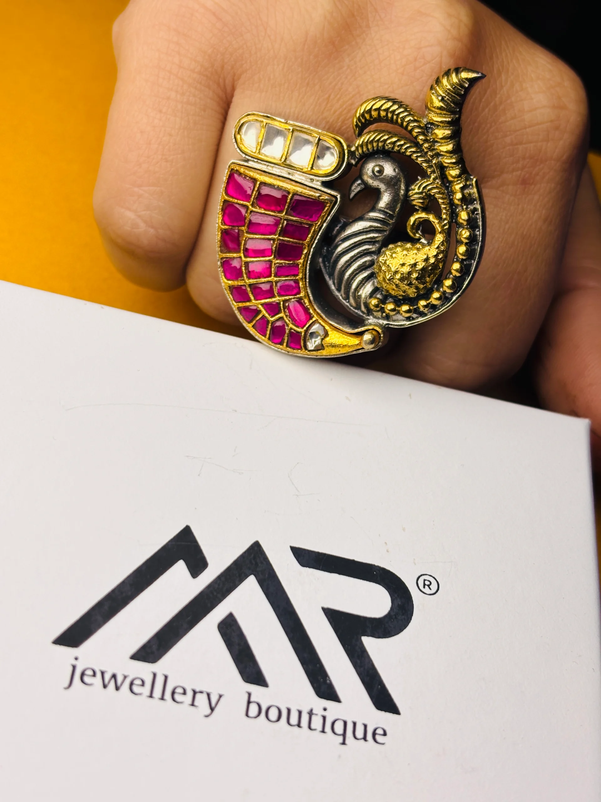 Handcrafted Peacock Design Silver Ring with Ruby-Pink & White Stone Inlay - Image 3