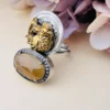 Artisan Dual-Element Statement Ring – 925 Sterling Silver with Golden Figural Relief & Faceted Citrine Quartz