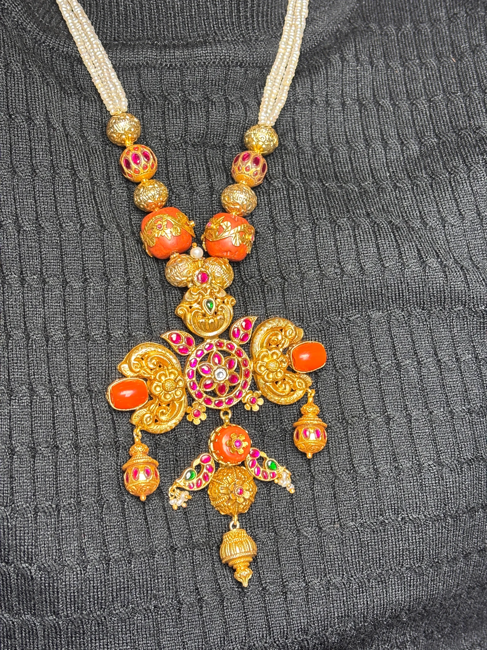 Royal Temple-Inspired Gold Polished Silver Necklace Set with Kundan & Coral Accents - Image 3