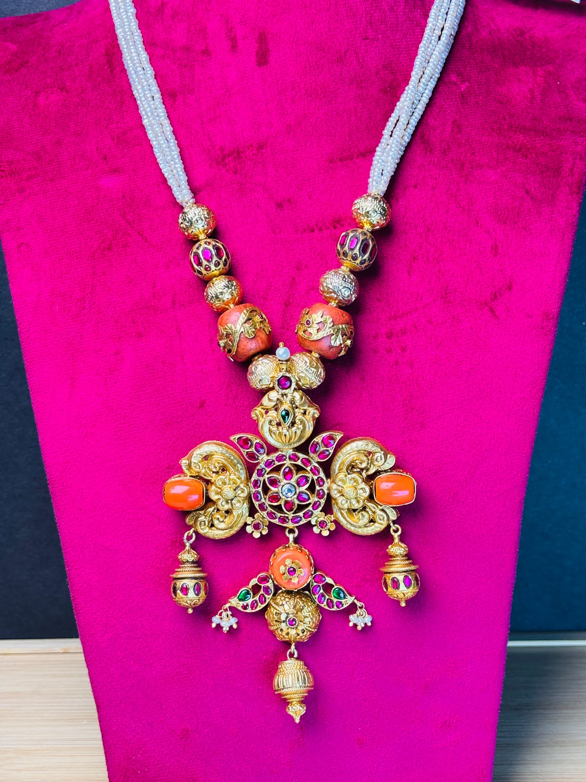 Royal Temple-Inspired Gold Polished Silver Necklace Set with Kundan & Coral Accents - Image 2