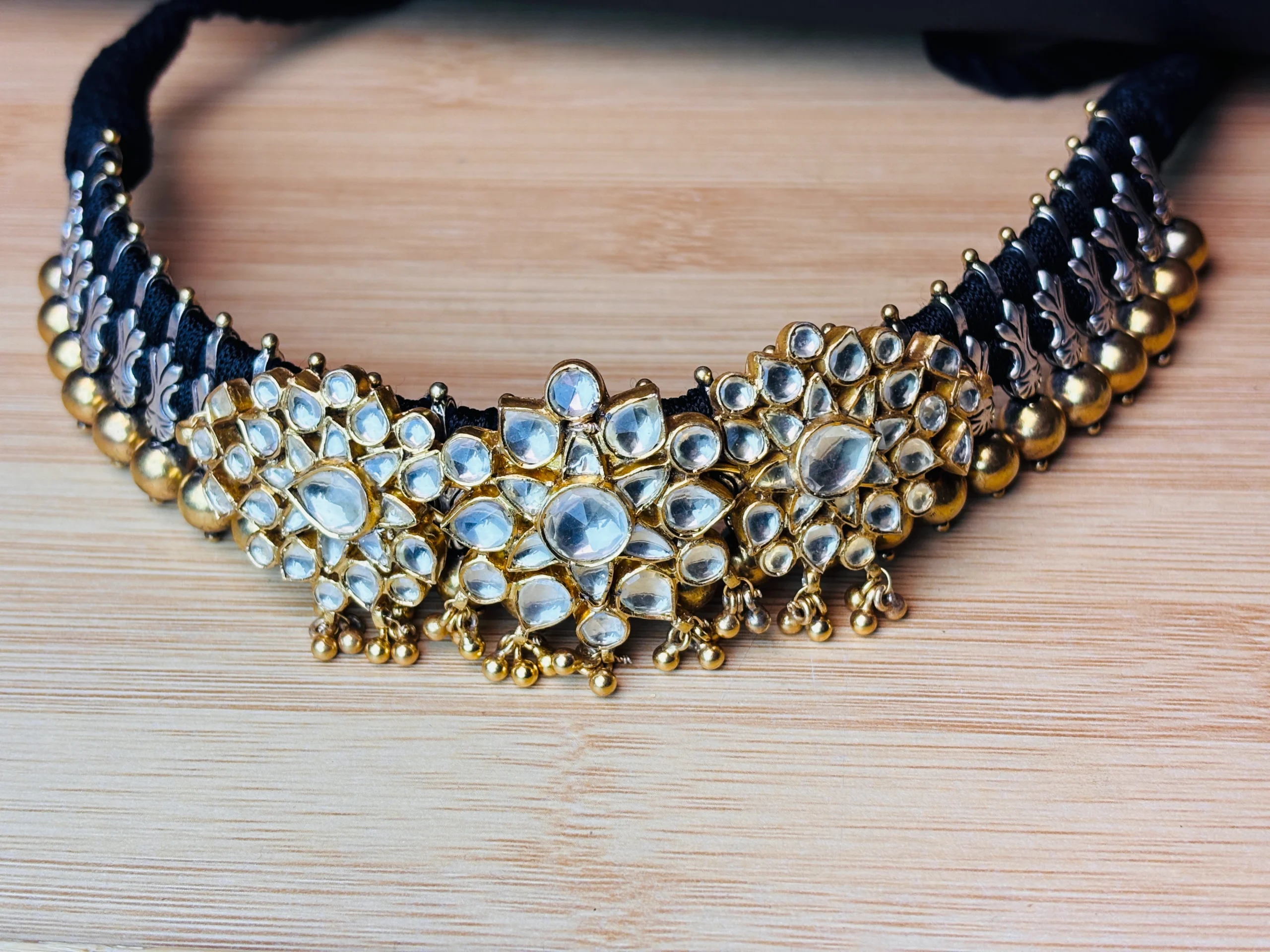 Heritage Kundan Floral 925 Silver Choker Necklace with Gold Polish