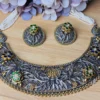 Heritage Floral Handcrafted Silver Necklace Set with Dual-Tone Detailing & Stone Accents