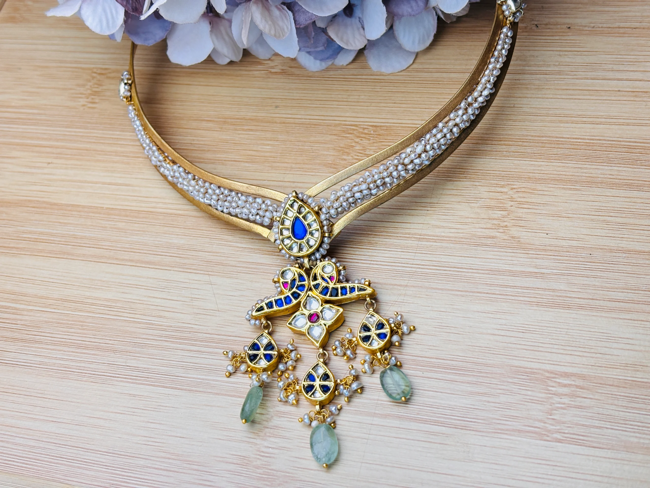 Pearly Drop Traditional Gold-Tone Hasli Necklace - Image 2