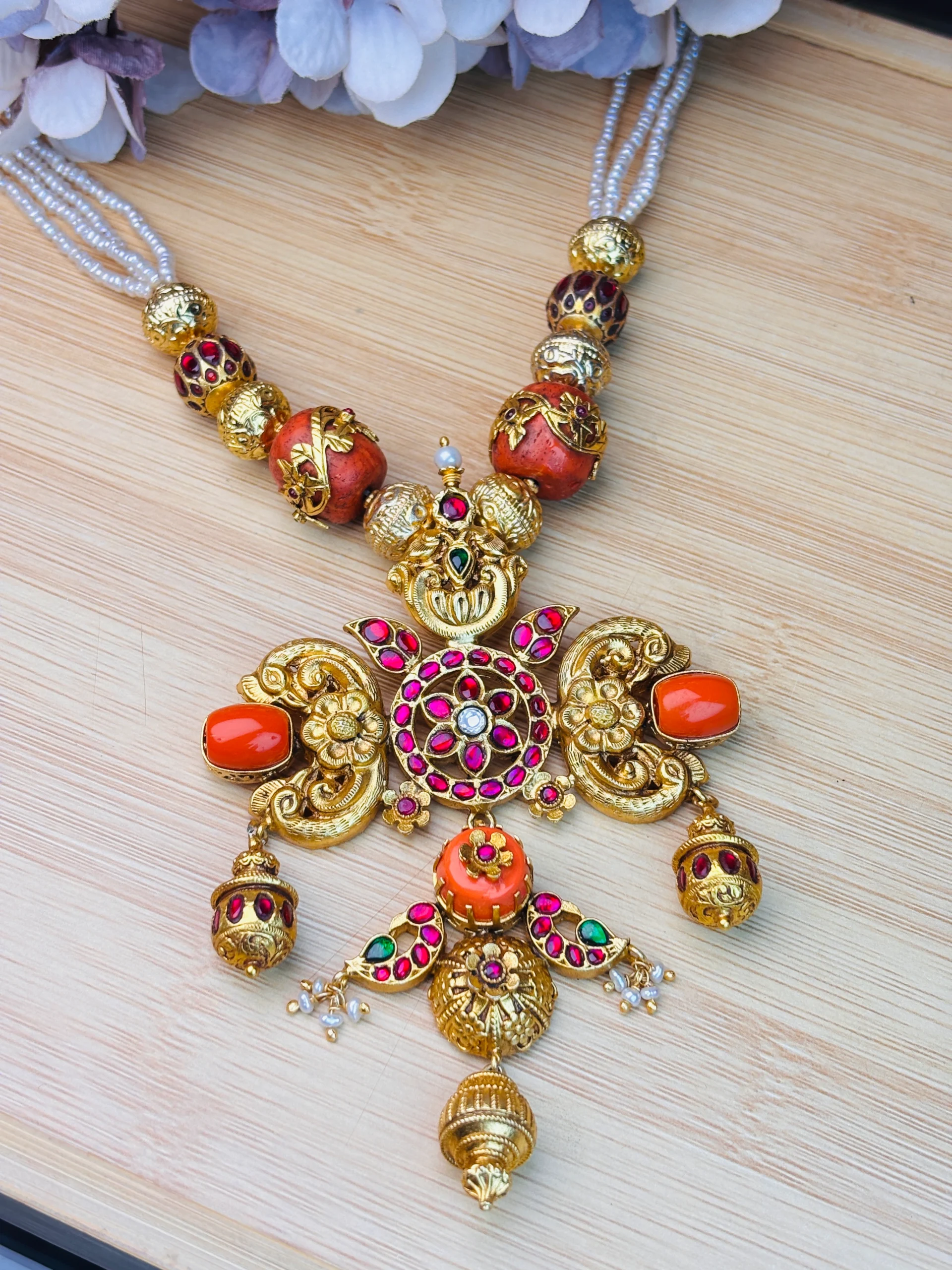 Royal Temple-Inspired Gold Polished Silver Necklace Set with Kundan & Coral Accents
