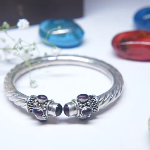 Elegant 925 Sterling Silver Amethyst Stone Kada for Women