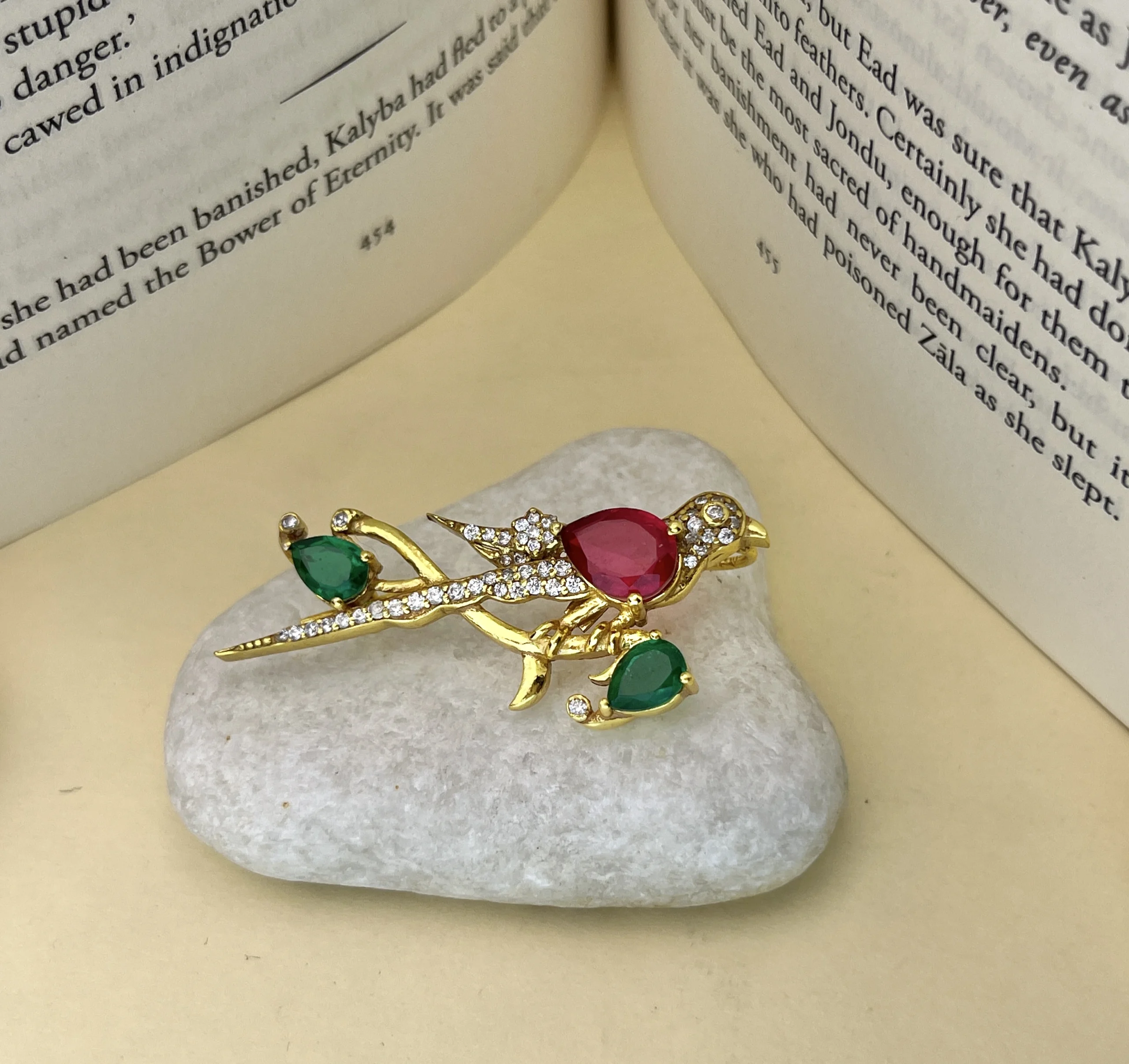 925 Sterling Silver Gold-Plated Bird Brooch with Ruby, Emerald & CZ Stones