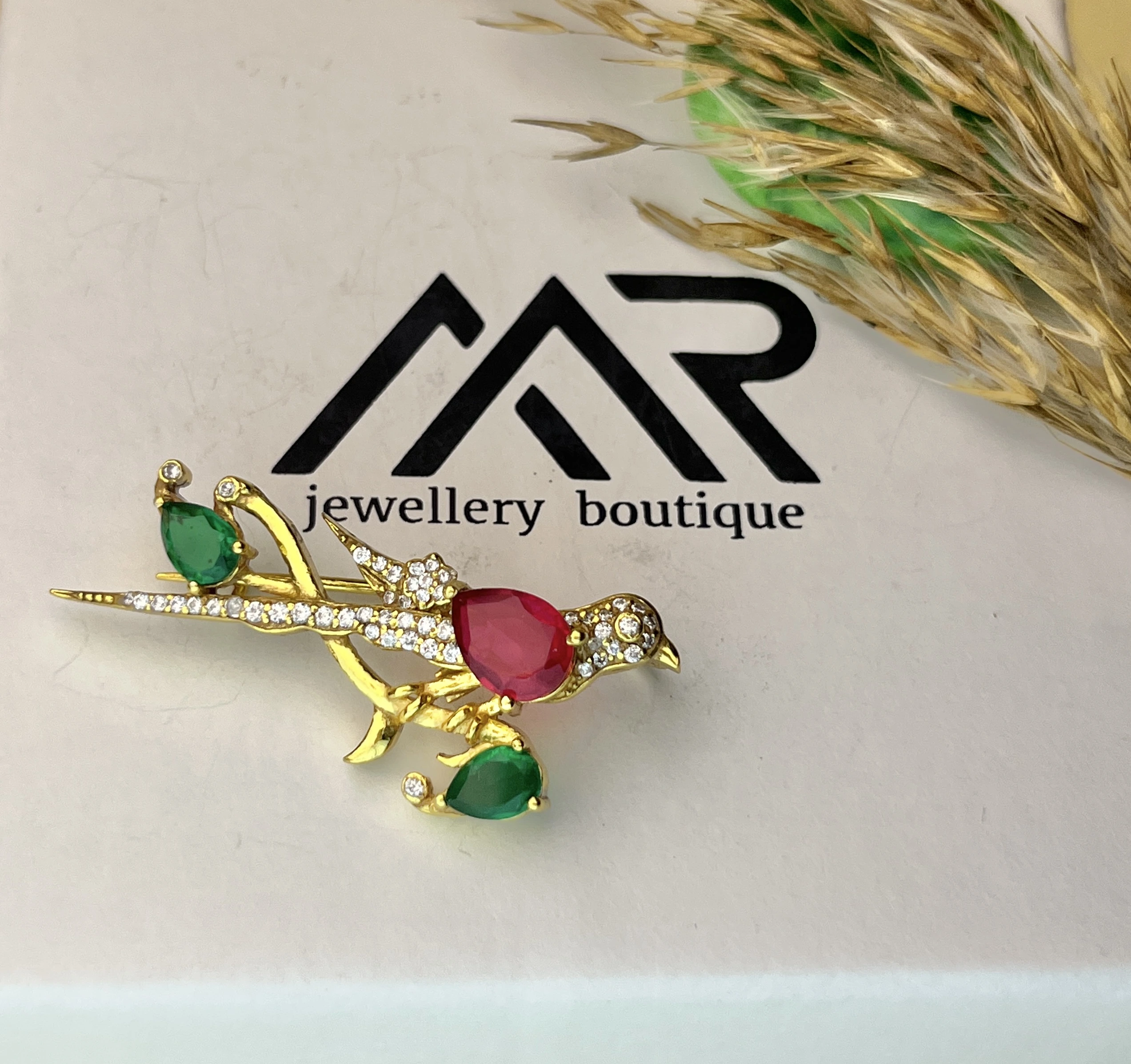 925 Sterling Silver Gold-Plated Bird Brooch with Ruby, Emerald & CZ Stones - Image 3