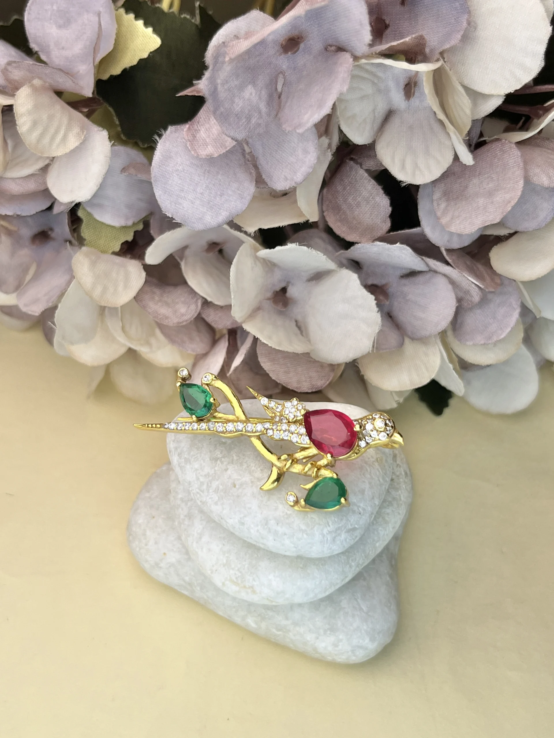 925 Sterling Silver Gold-Plated Bird Brooch with Ruby, Emerald & CZ Stones - Image 2