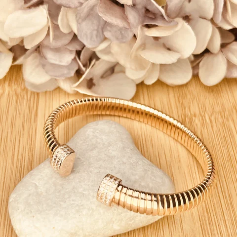 Premium 925 Sterling Silver Rose Gold Plated Open Cuff Bracelet with CZ Accents