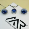 925 Sterling Silver Blue Sapphire Halo Pendant Set with Stud Earrings