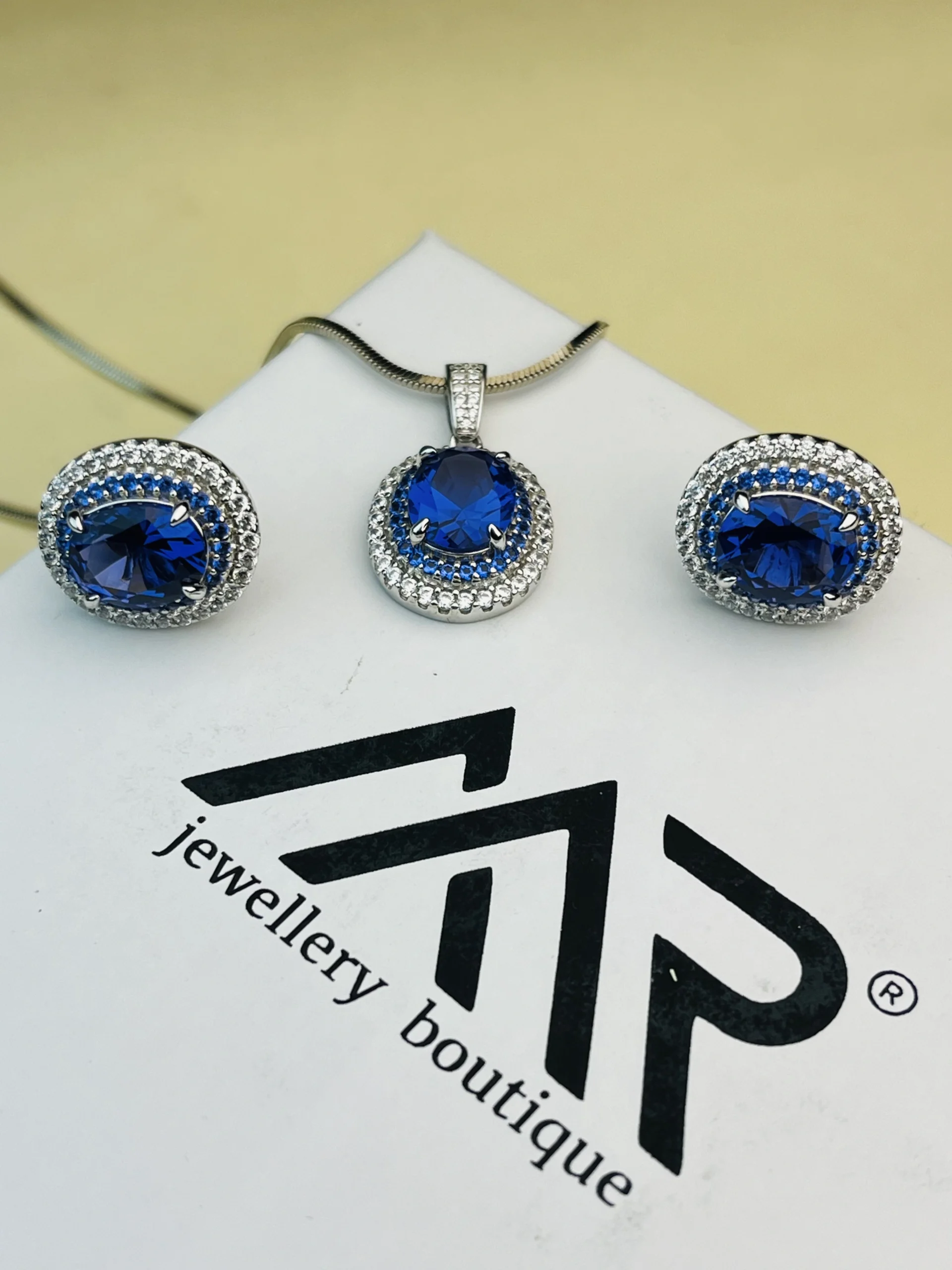 925 Sterling Silver Blue Sapphire Halo Pendant Set with Stud Earrings