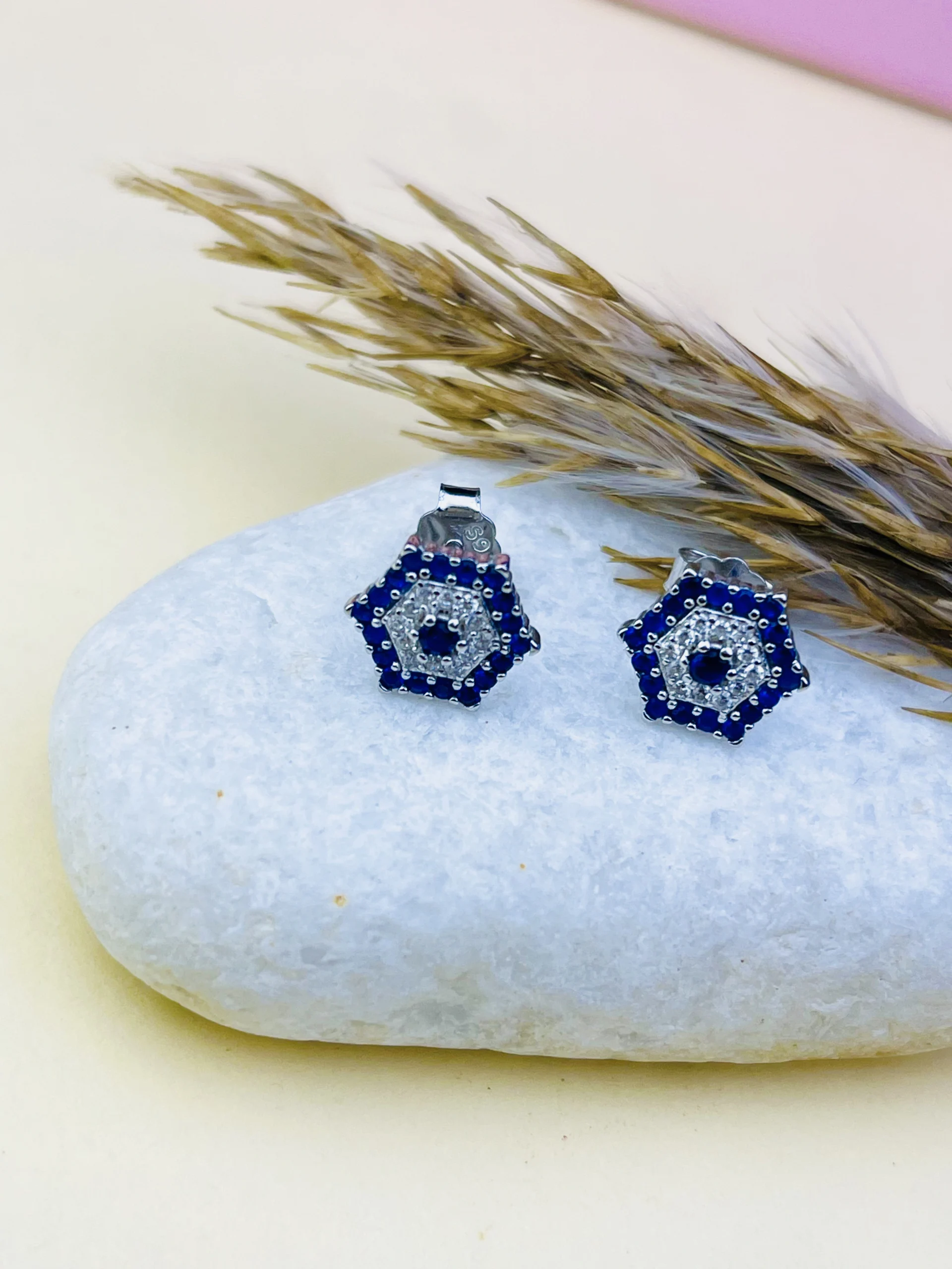 925 Sterling Silver Blue Stone Hexagon Pendant Set with Matching Stud Earrings - Image 4
