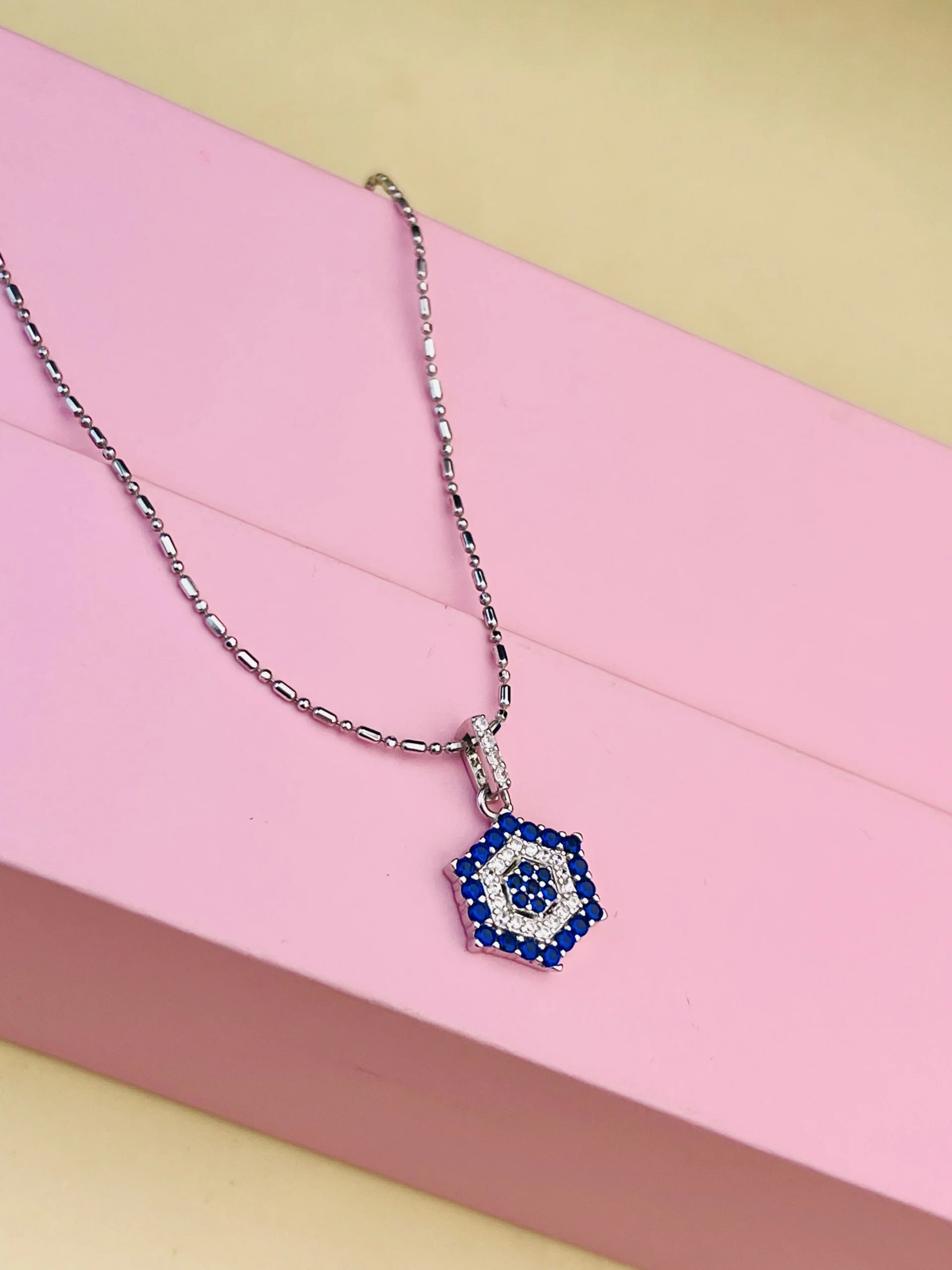 925 Sterling Silver Blue Stone Hexagon Pendant Set with Matching Stud Earrings - Image 3