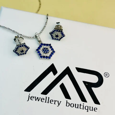 925 Sterling Silver Blue Stone Hexagon Pendant Set with Matching Stud Earrings