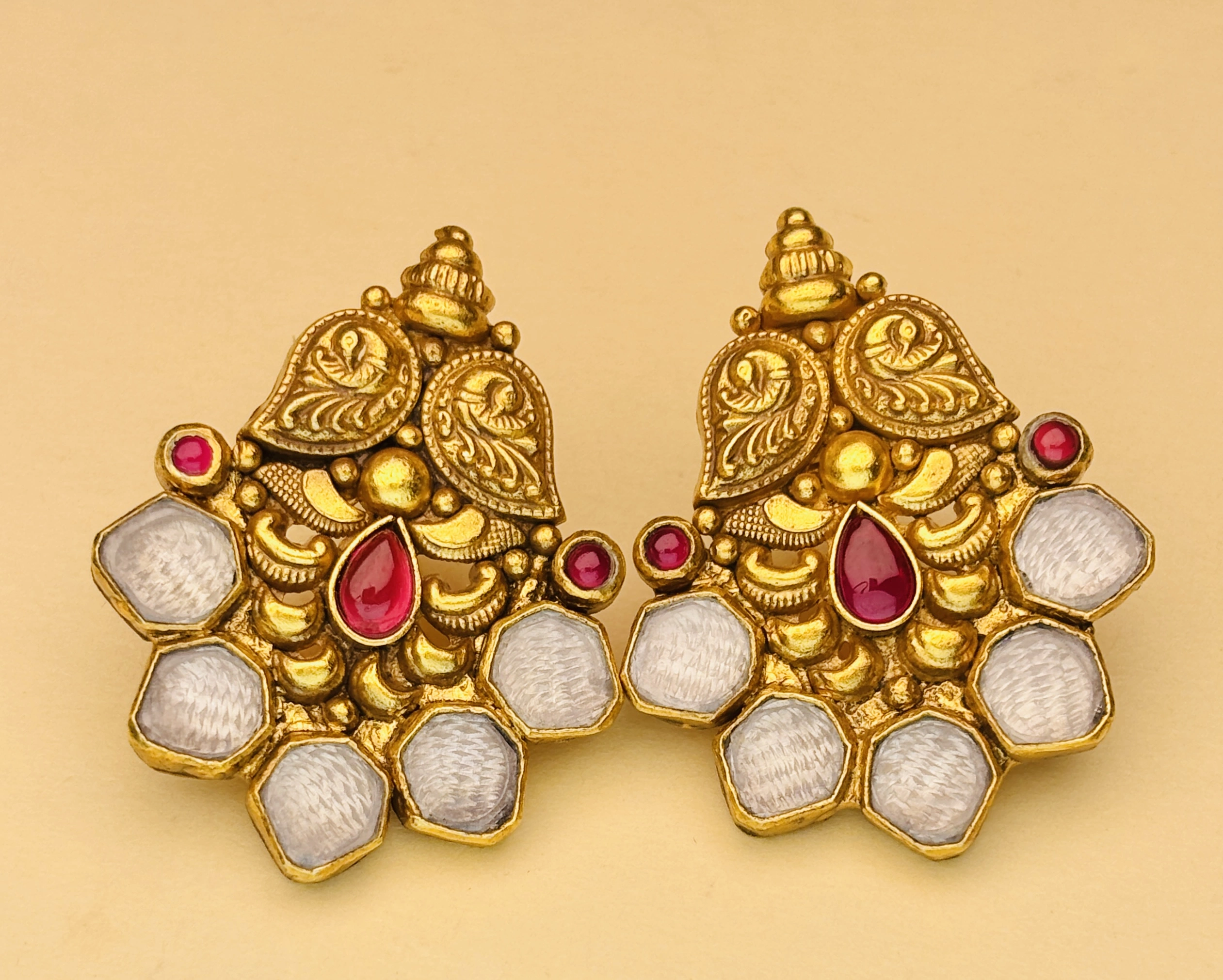Temple Ruby Kundan 925 Sterling Silver Gold-Plated Statement Earrings