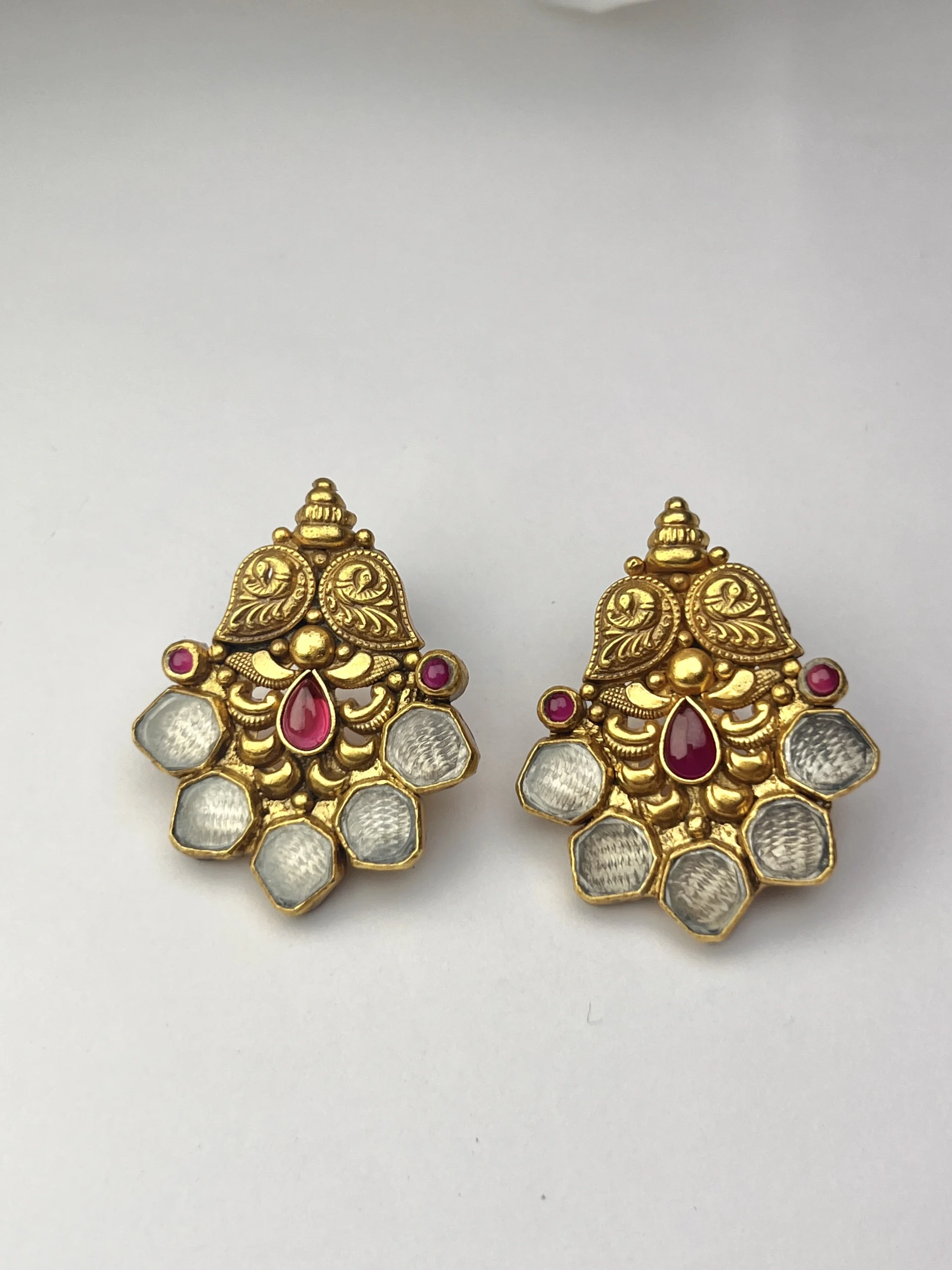 Temple Ruby Kundan 925 Sterling Silver Gold-Plated Statement Earrings - Image 2
