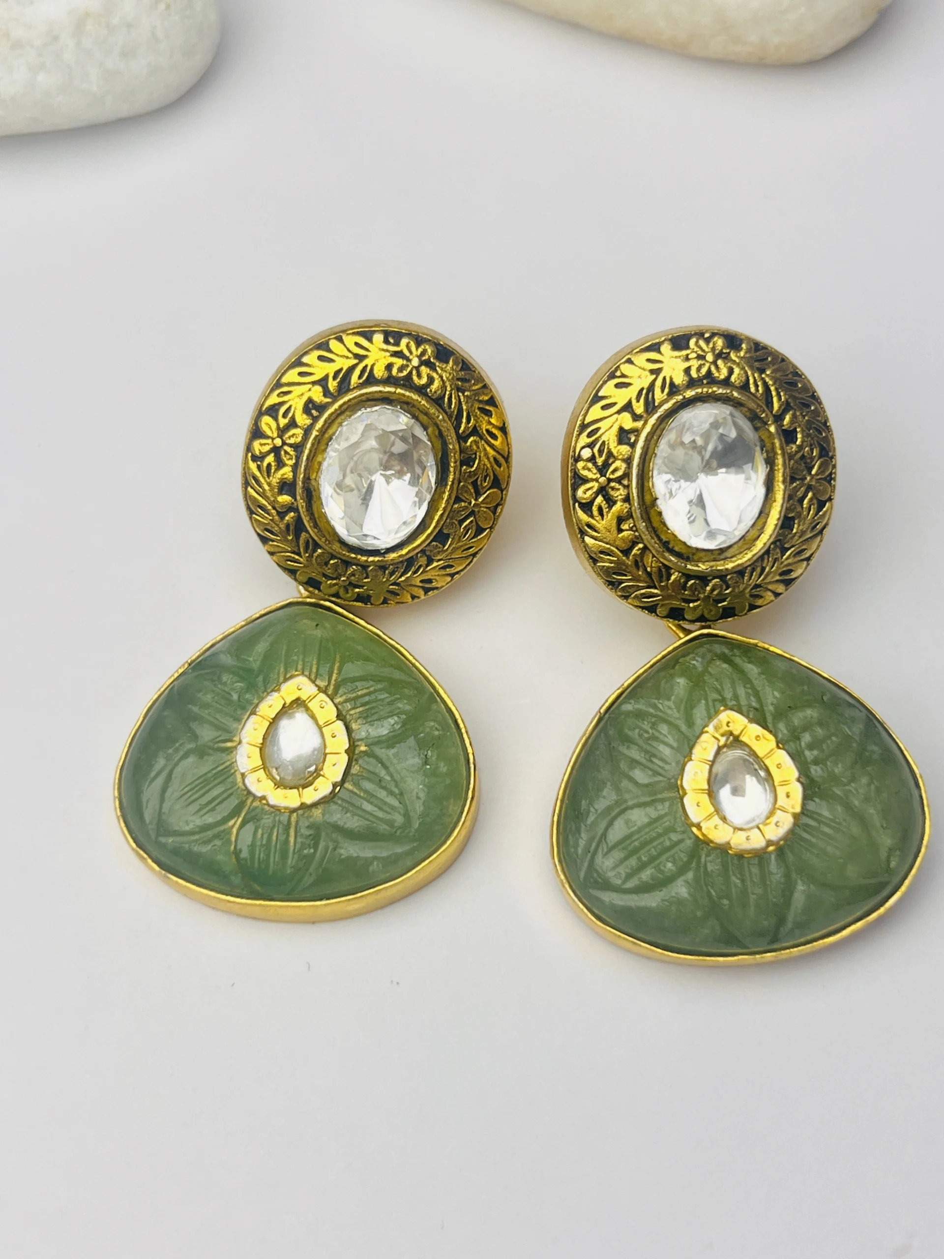 925 Sterling Silver Gold-Polished Green Stone Dangler Earrings - Image 2