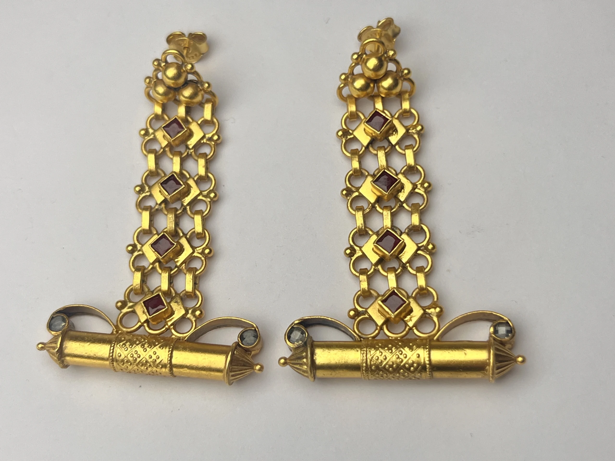 925 Sterling Silver Gold-Plated Traditional Long Dangler Earrings with Ruby Stones