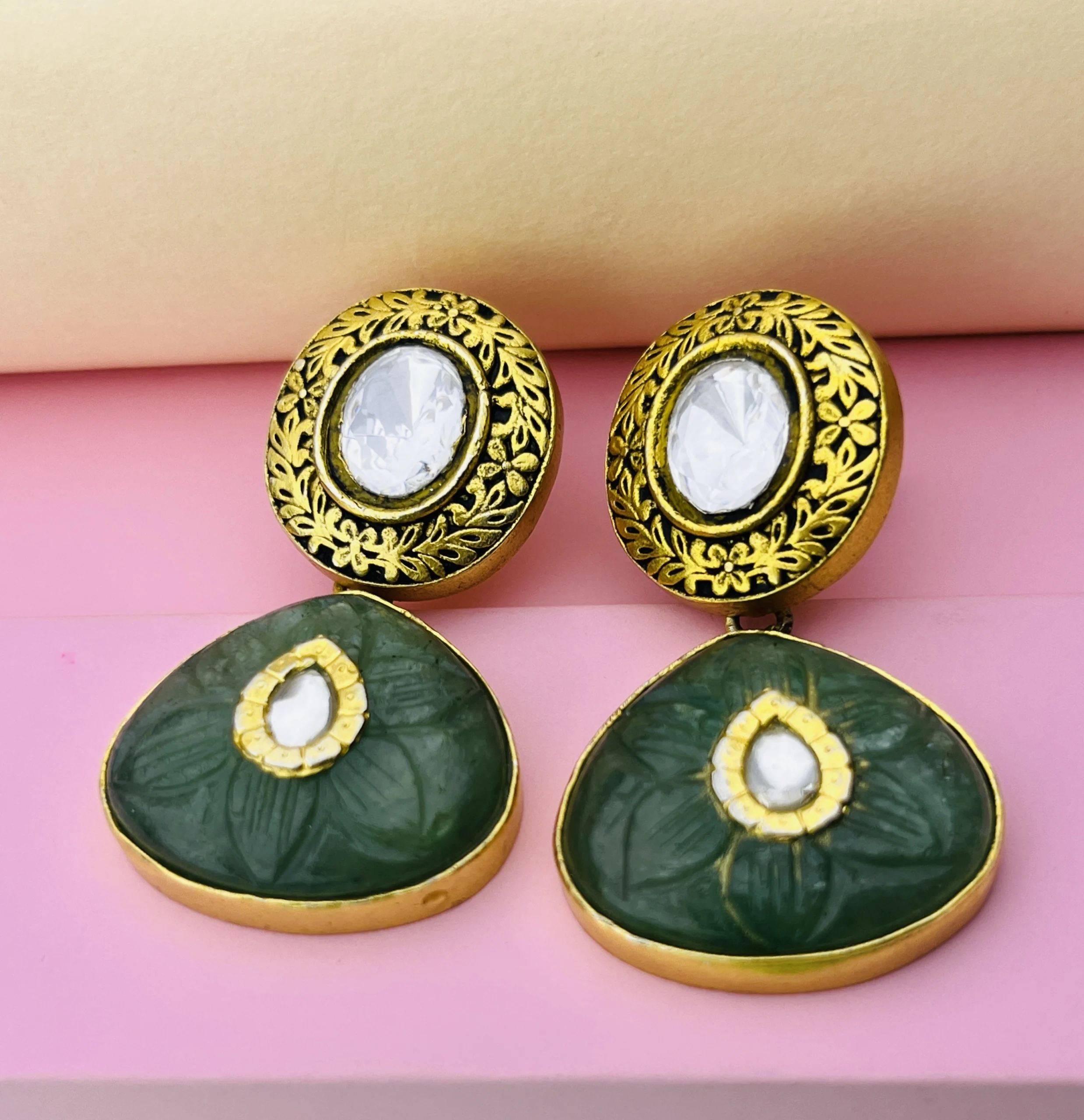 925 Sterling Silver Gold-Polished Green Stone Dangler Earrings - Image 3