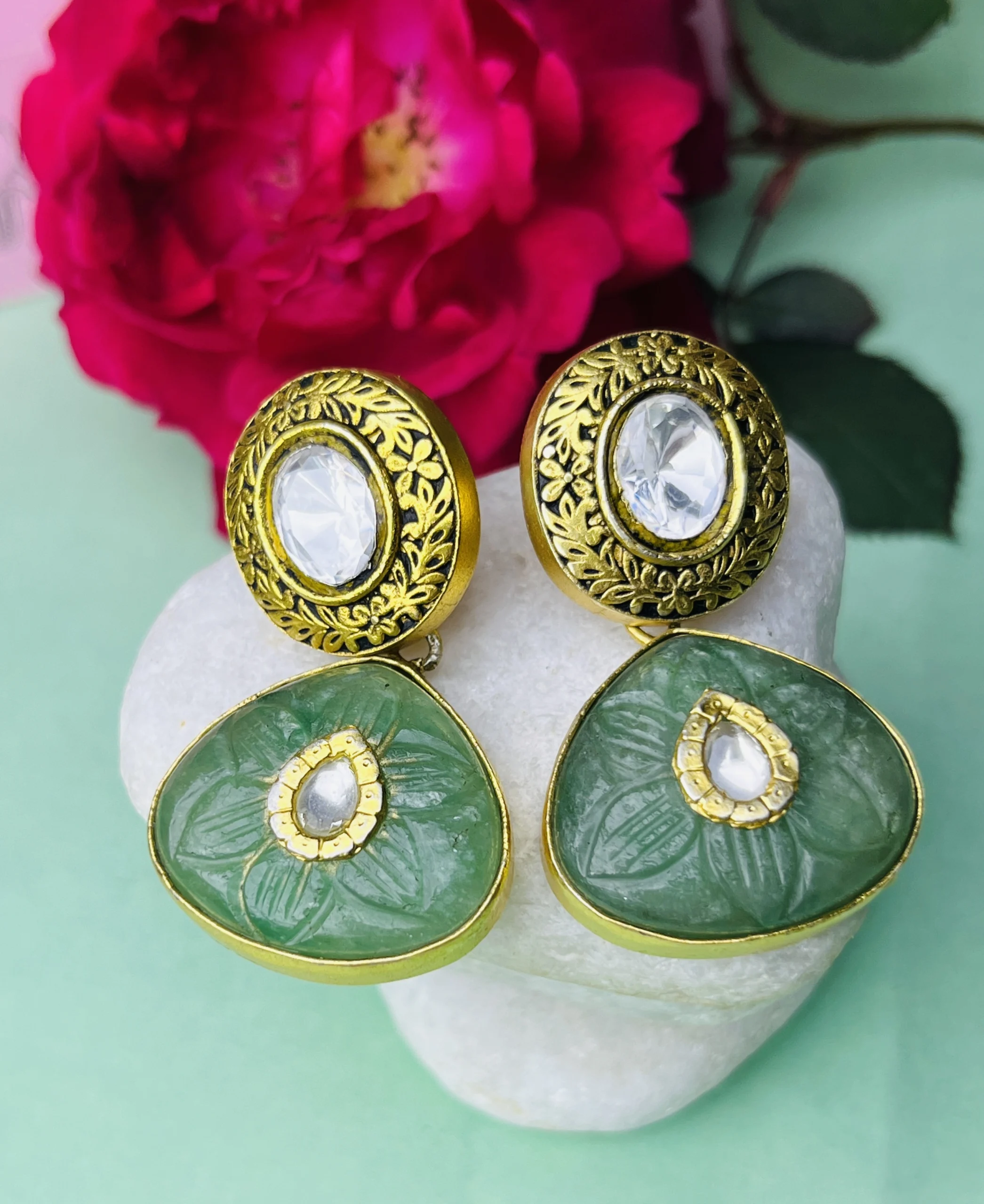 925 Sterling Silver Gold-Polished Green Stone Dangler Earrings