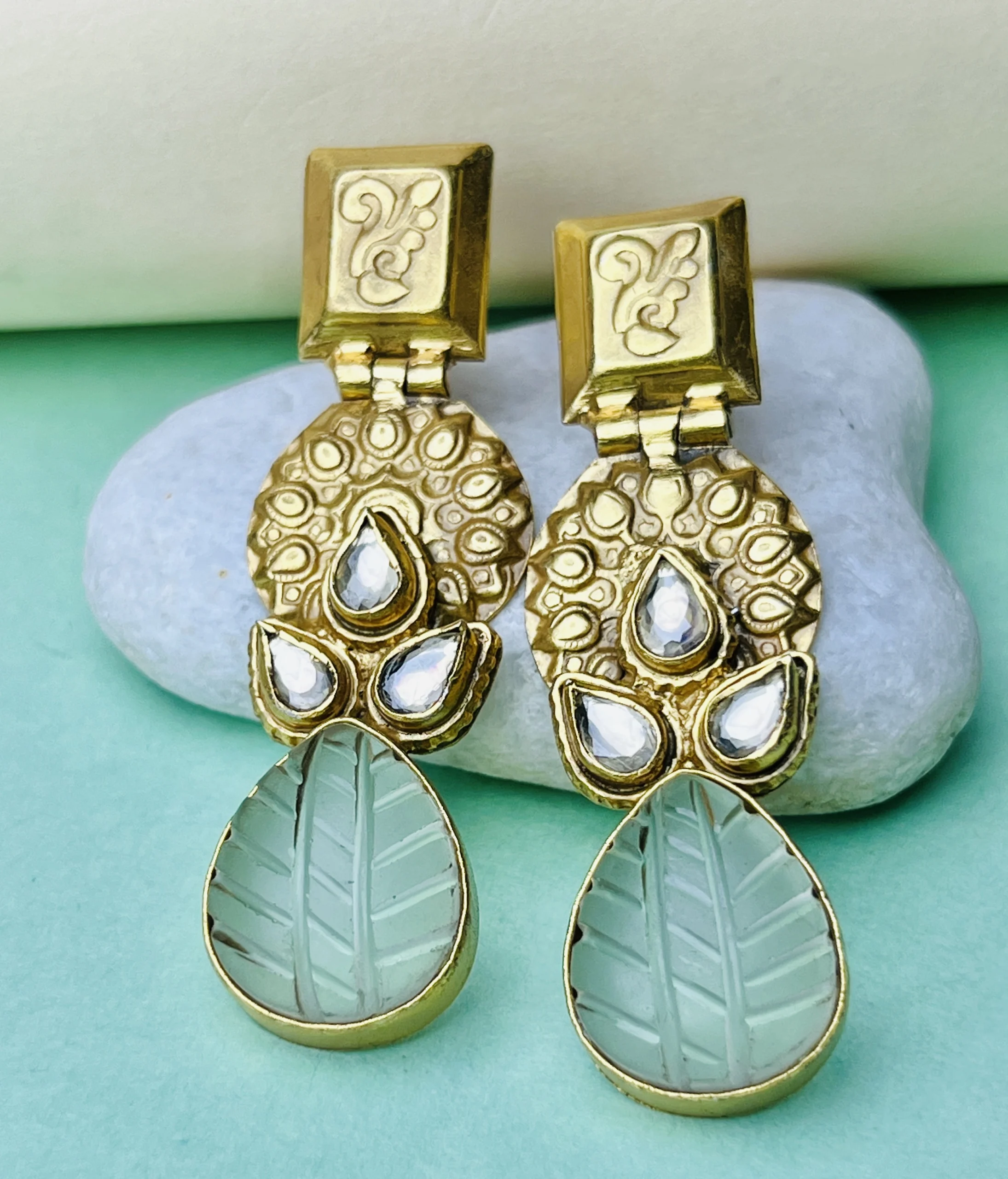 925 Sterling Silver Gold-Polished Leaf Motif Dangler Earrings - Image 3