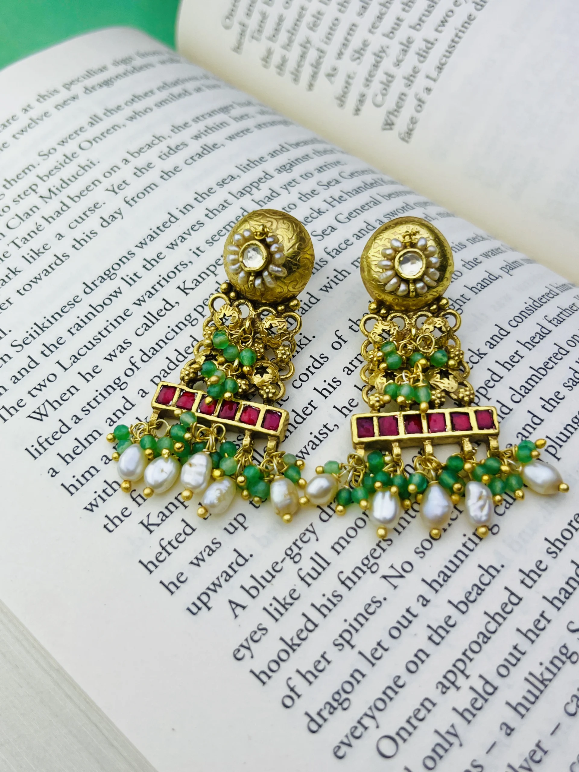 925 Sterling Silver Gold-Polished Pearl & Green Bead Dangler Earrings - Image 2