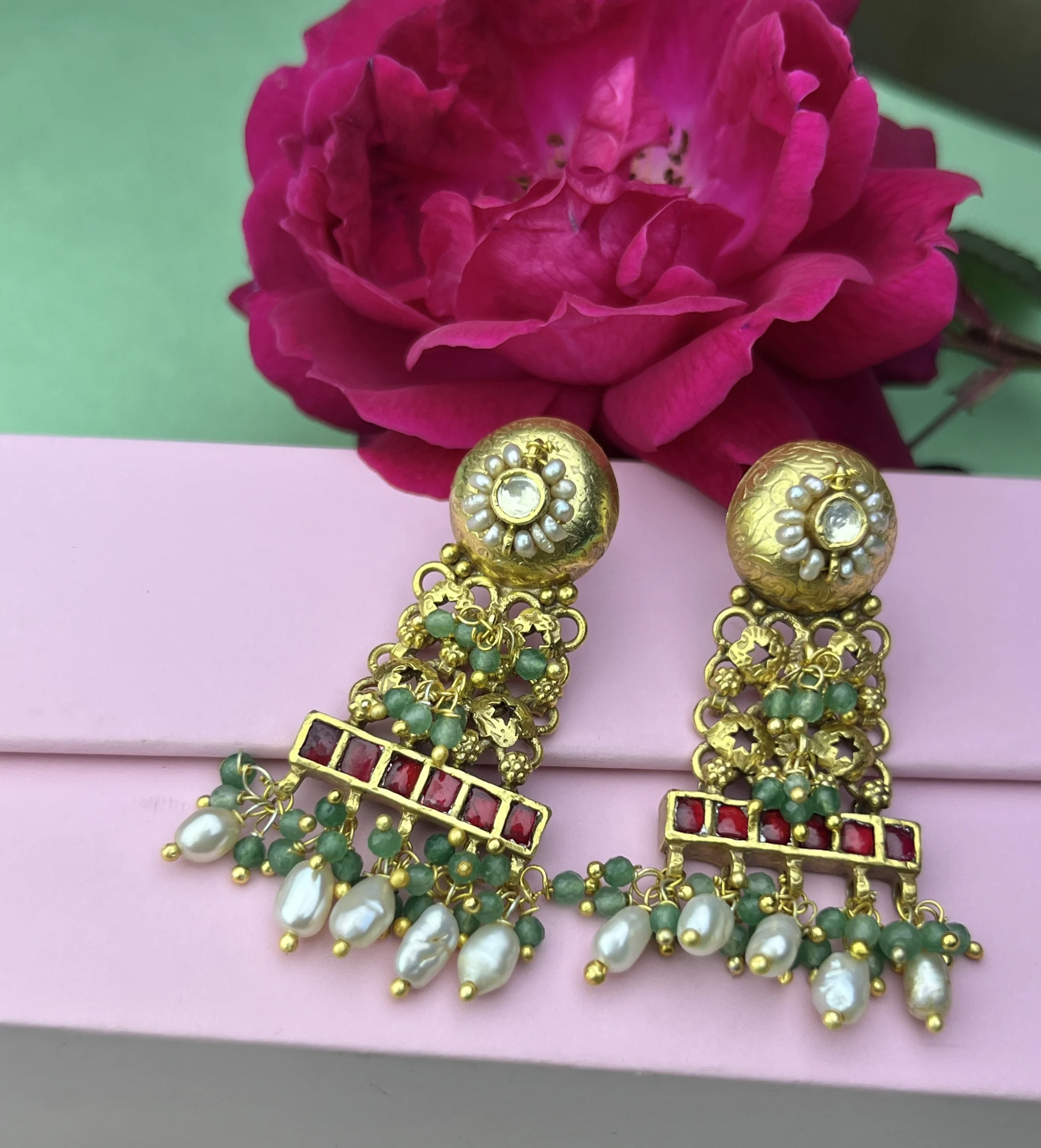 925 Sterling Silver Gold-Polished Pearl & Green Bead Dangler Earrings