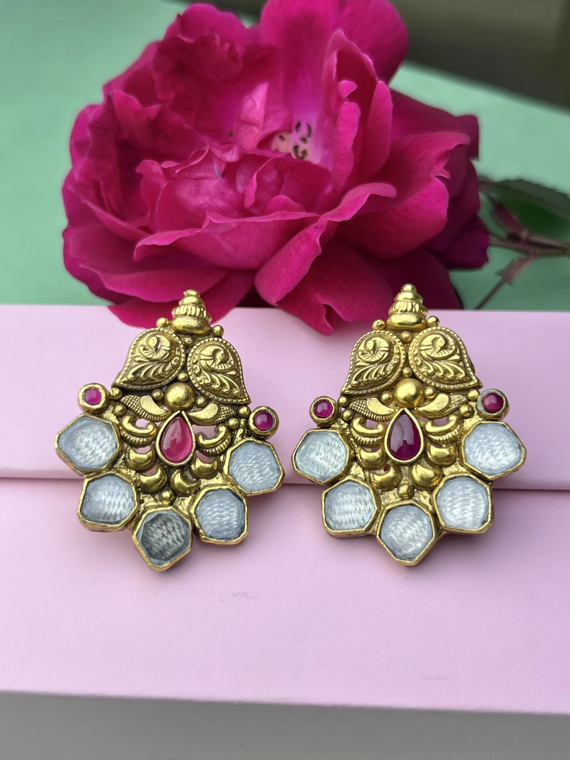 Temple Ruby Kundan 925 Sterling Silver Gold-Plated Statement Earrings - Image 3