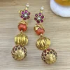 925 Sterling Silver Gold-Plated Traditional Jhumka Earrings with Ruby Stones & Coral Beads
