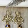 925 Sterling Silver Gold-Plated Tribal Jhumka Earrings with Multicolor Stones & Pearl Drops