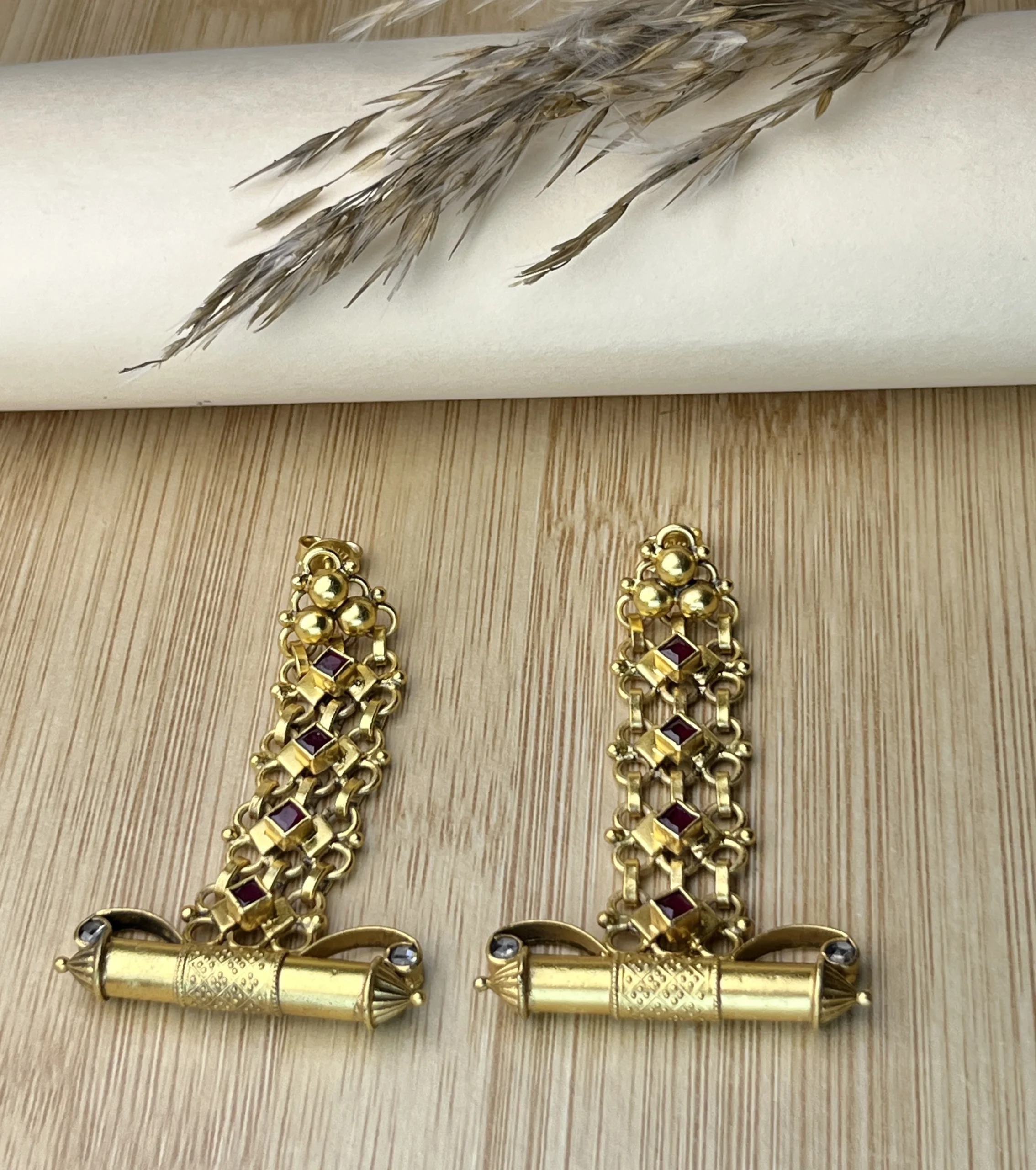 925 Sterling Silver Gold-Plated Traditional Long Dangler Earrings with Ruby Stones - Image 2