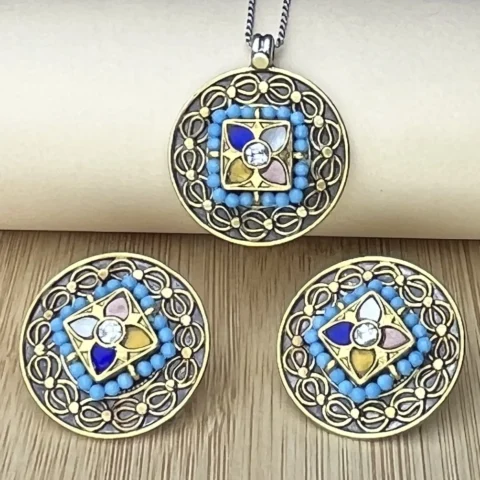 925 Sterling Silver Antique Multicolor Mandala Pendant Set with Blue Bead Detailing