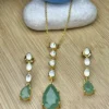 Emerald Green Teardrop 925 Silver Pendant Set with Zircon Accents – Gold Finish Necklace & Earrings