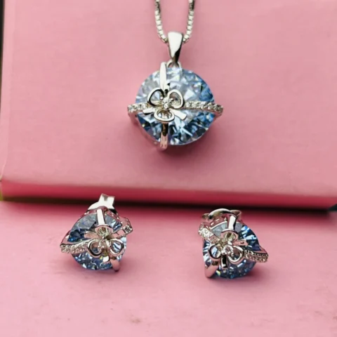 925 Sterling Silver Blue Crystal Bow Pendant with Matching Stud Earrings