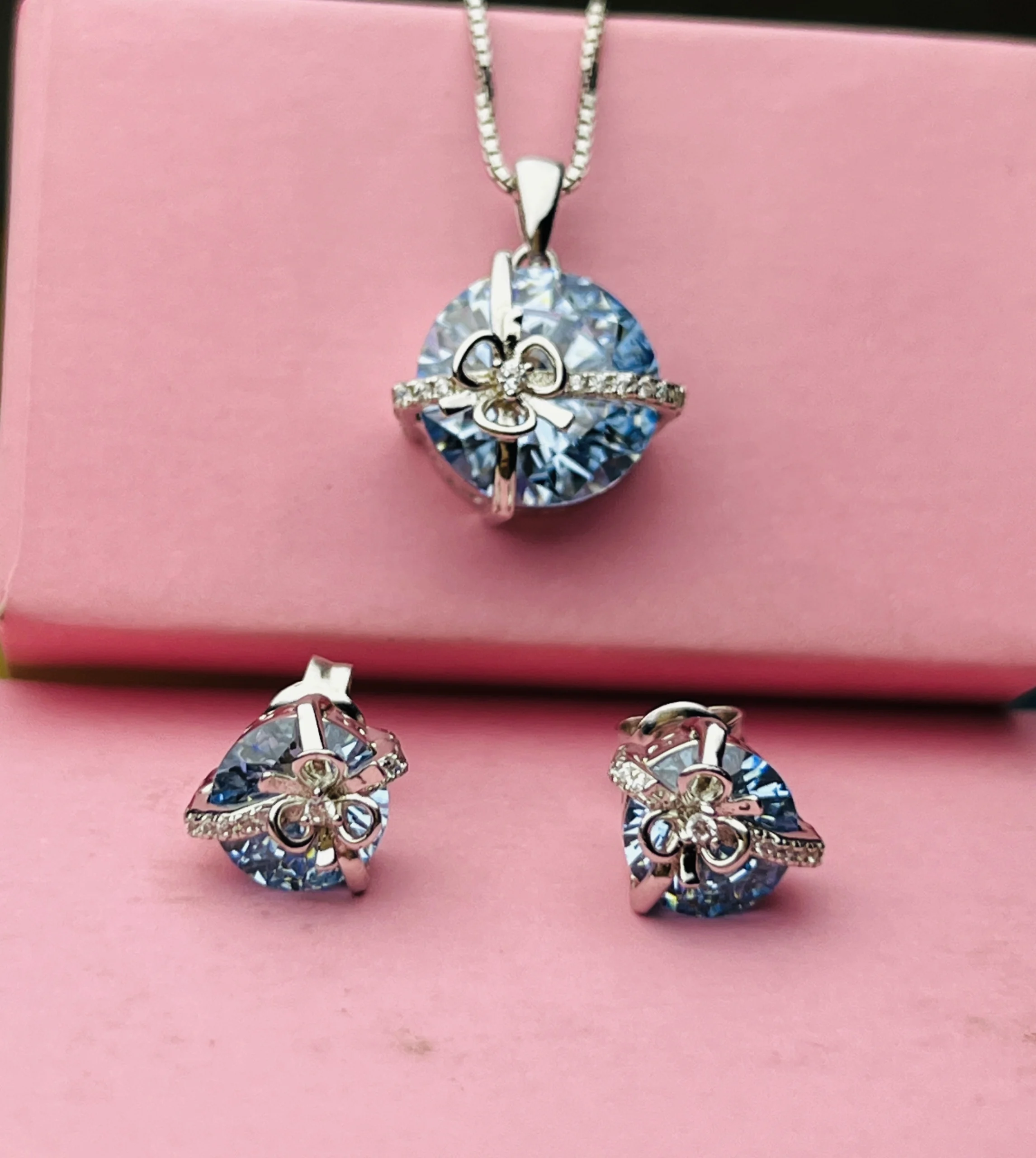 925 Sterling Silver Blue Crystal Bow Pendant with Matching Stud Earrings