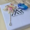 925 Sterling Silver Gold-Plated Pink CZ Floral Statement Brooch with Dangle Drop