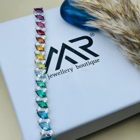 925 Sterling Silver Rainbow Marquise-Cut CZ Tennis Bracelet – Multicolor Statement Bracelet for Women