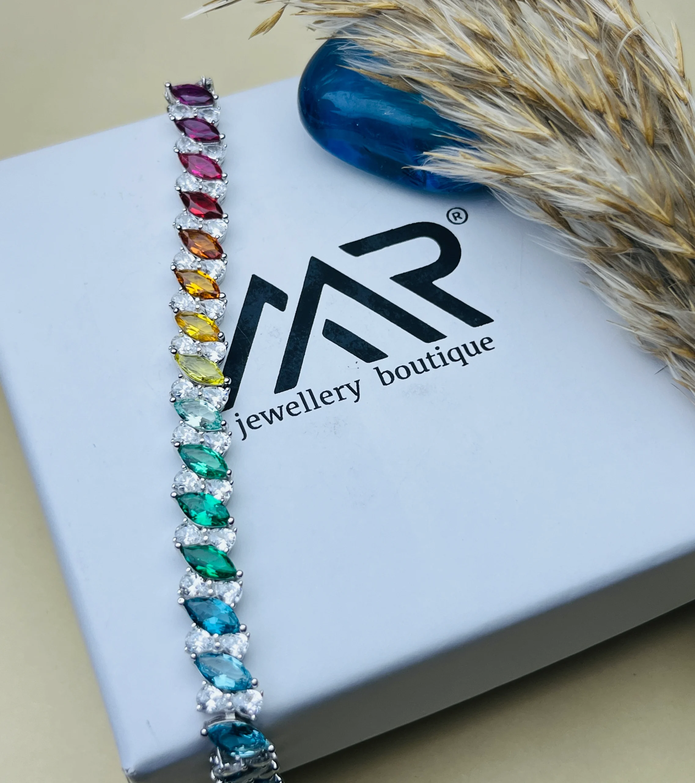 925 Sterling Silver Rainbow Marquise-Cut CZ Tennis Bracelet – Multicolor Statement Bracelet for Women