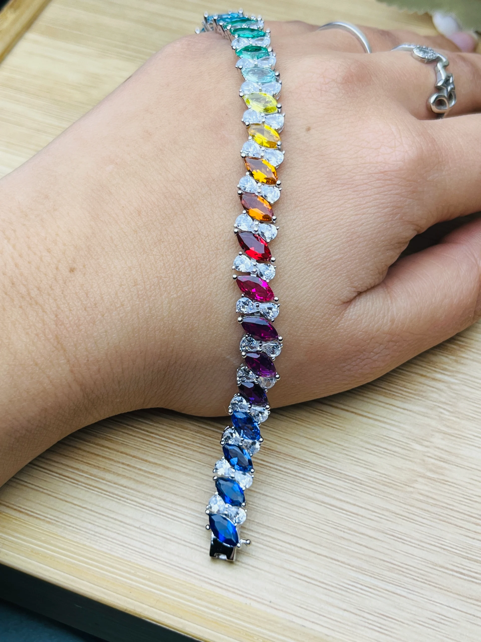 925 Sterling Silver Rainbow Marquise-Cut CZ Tennis Bracelet – Multicolor Statement Bracelet for Women - Image 3