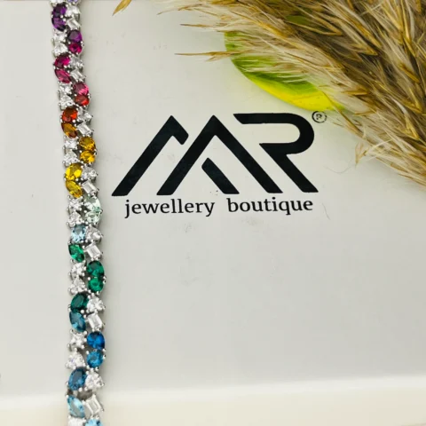 925 Sterling Silver Multicolor CZ Tennis Bracelet – Rainbow Gemstone Statement Bracelet for Women