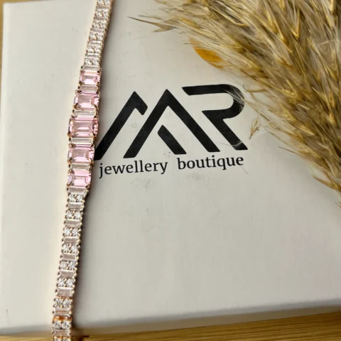 925 Sterling Silver Rose Gold Pink Baguette CZ Tennis Bracelet – Elegant Two-Tone Statement Bracelet
