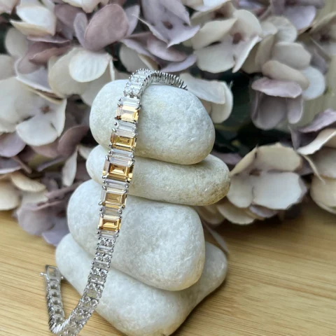 925 Sterling Silver Two-Tone Baguette CZ Tennis Bracelet – Elegant Champagne & White Stone Bracelet