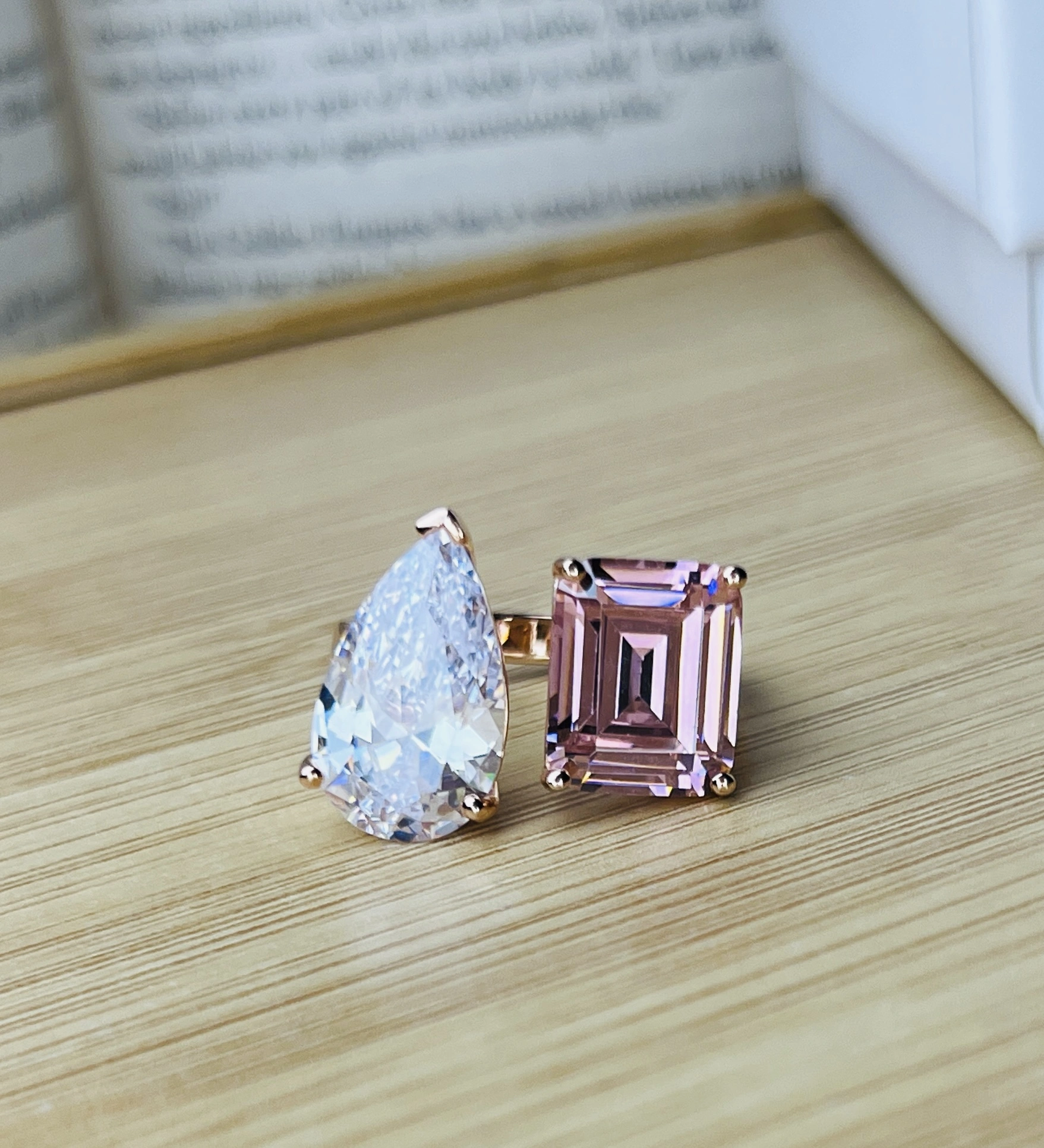 925 Sterling Silver Dual Stone Statement Ring with Pear & Emerald Cut CZ - Image 3