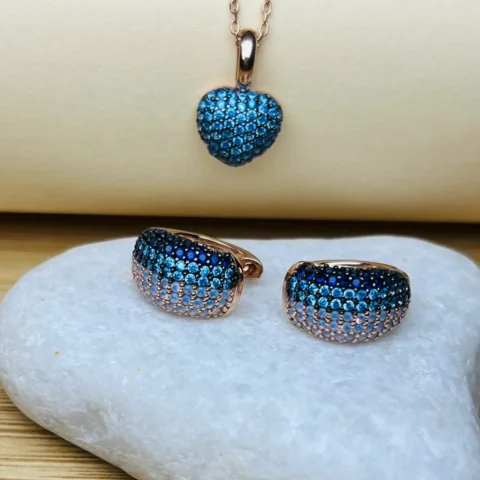 925 Sterling Silver Blue Pavé Heart Pendant Necklace & Hoop Earrings Set – Rose Gold Finish