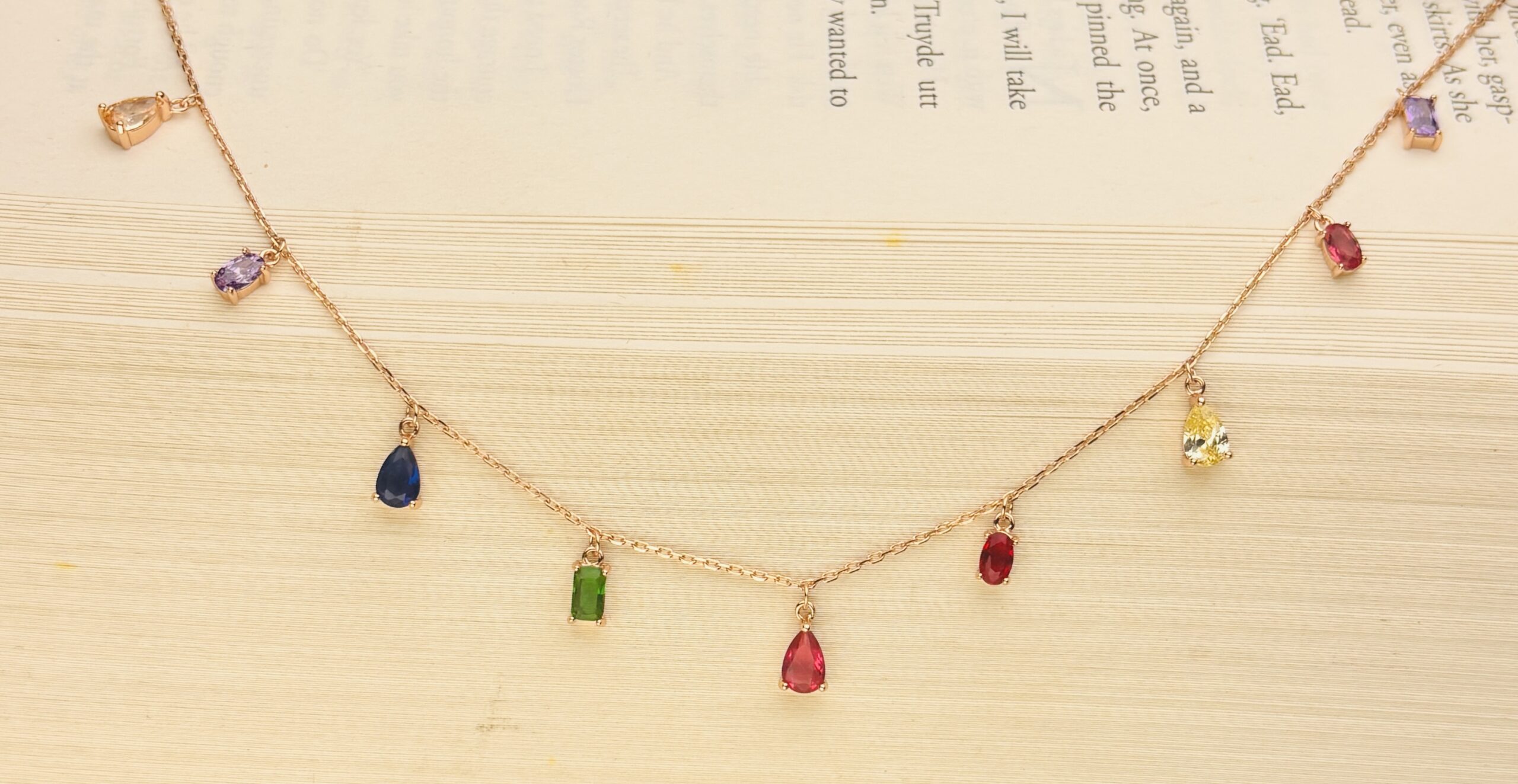 925 Sterling Silver Multi Color Gemstone Drop Necklace Pear Oval CZ Charm Chain Women