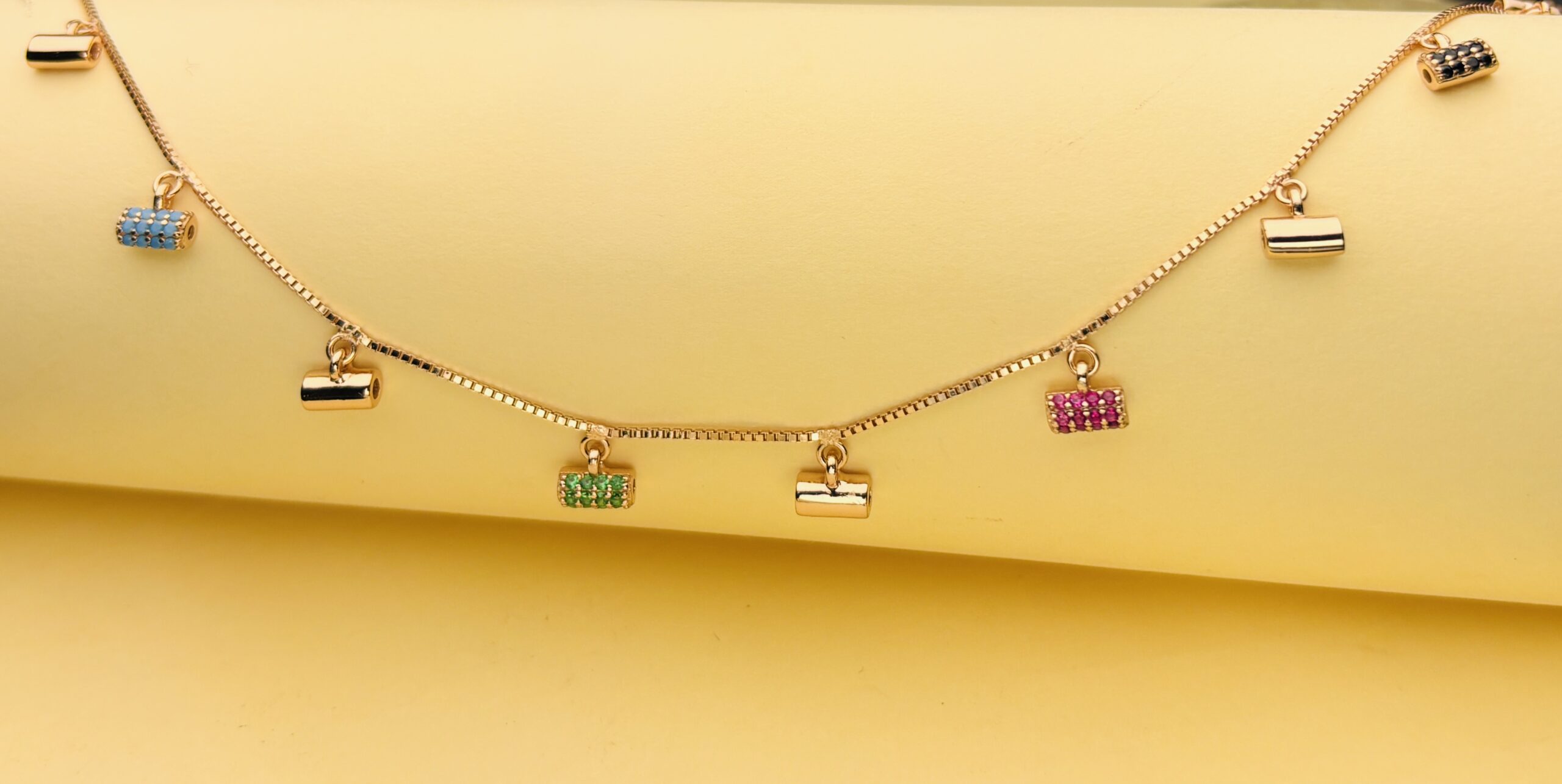 925 Sterling Silver Multi Color CZ Charm Chain Necklace Geometric Dangle Minimalist Women