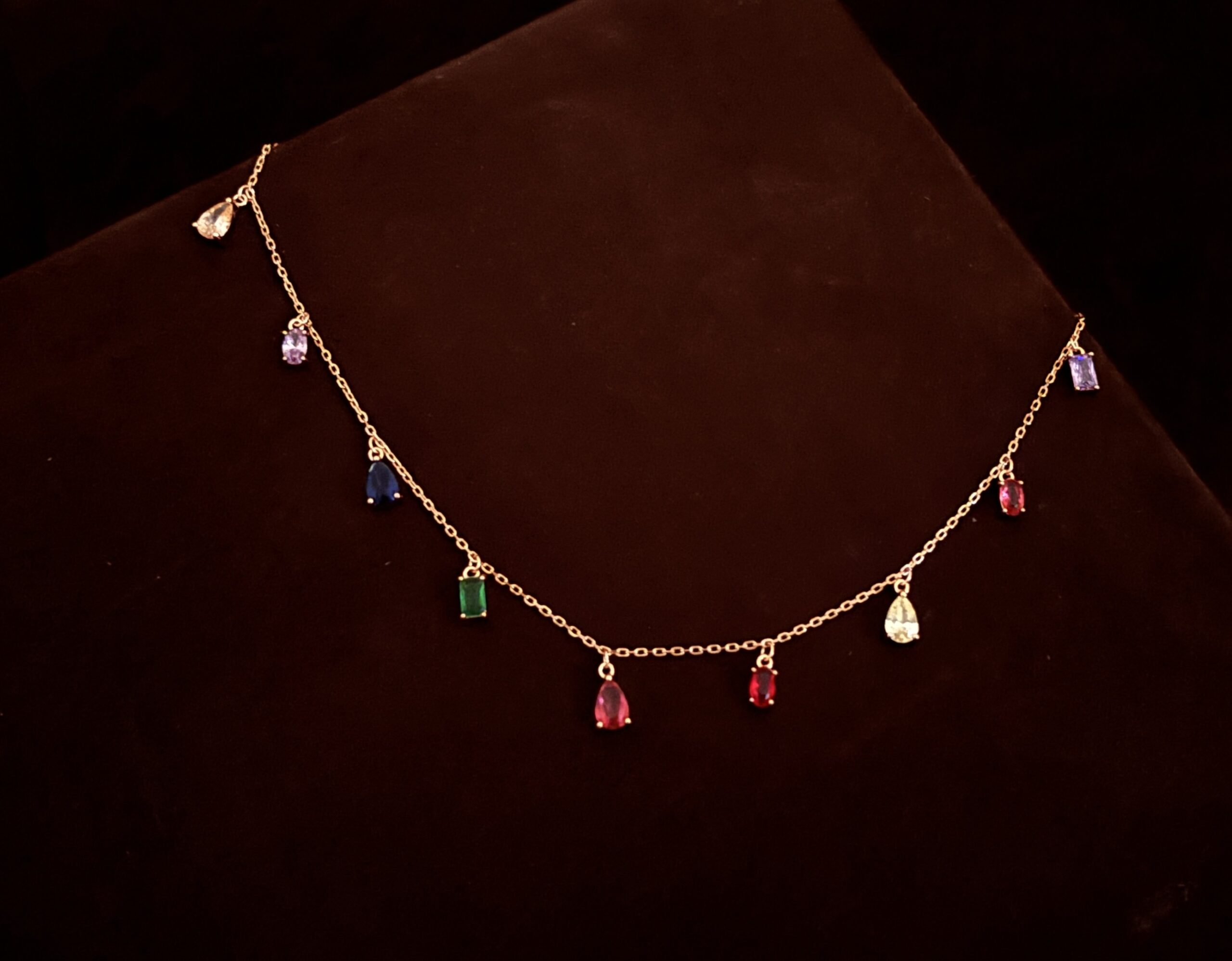 925 Sterling Silver Multi Color Gemstone Drop Necklace Pear Oval CZ Charm Chain Women - Image 3