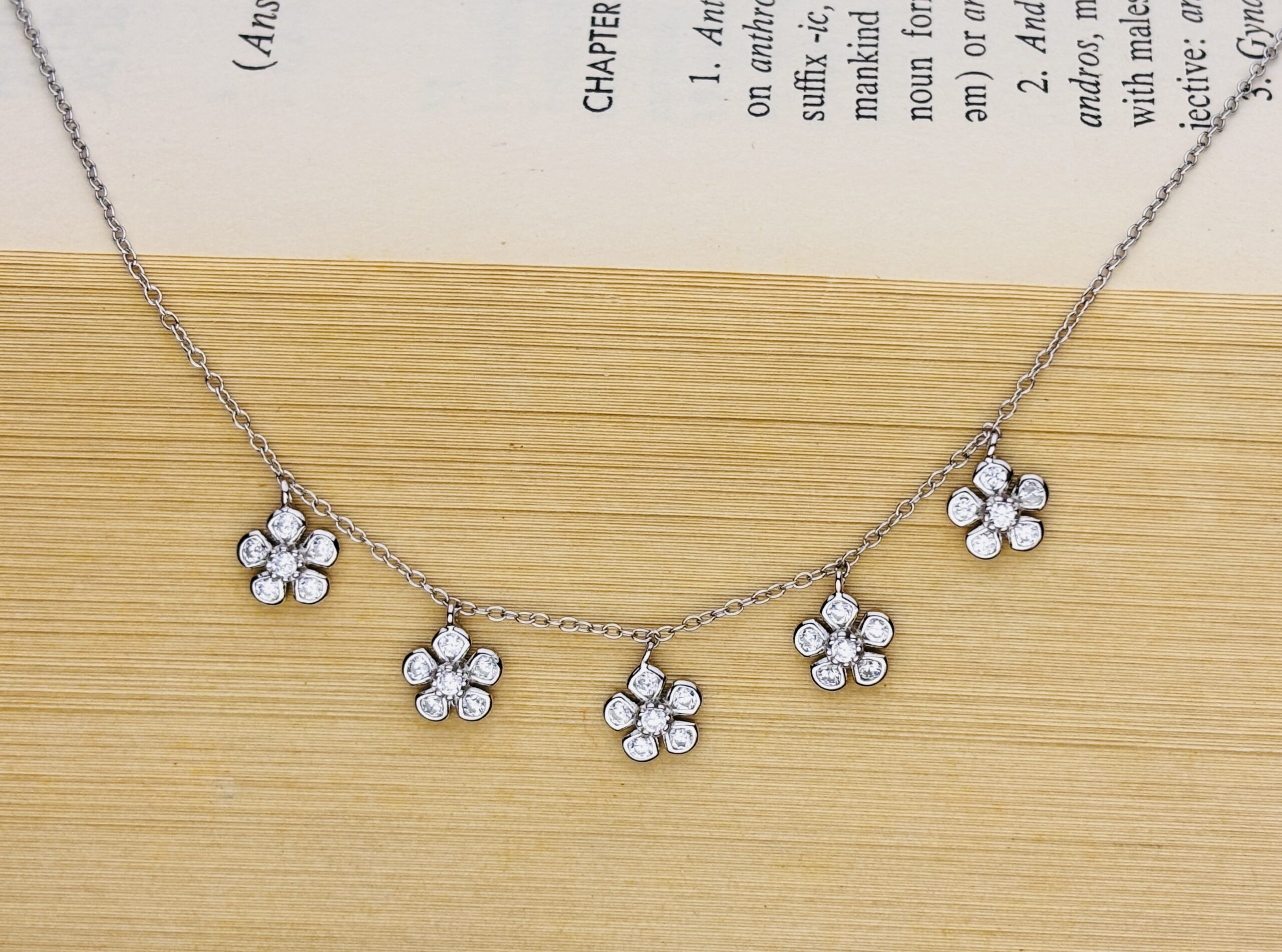 925 Sterling Silver Flower Charm Chain Necklace Cubic Zirconia Floral Dangle Pendant Women