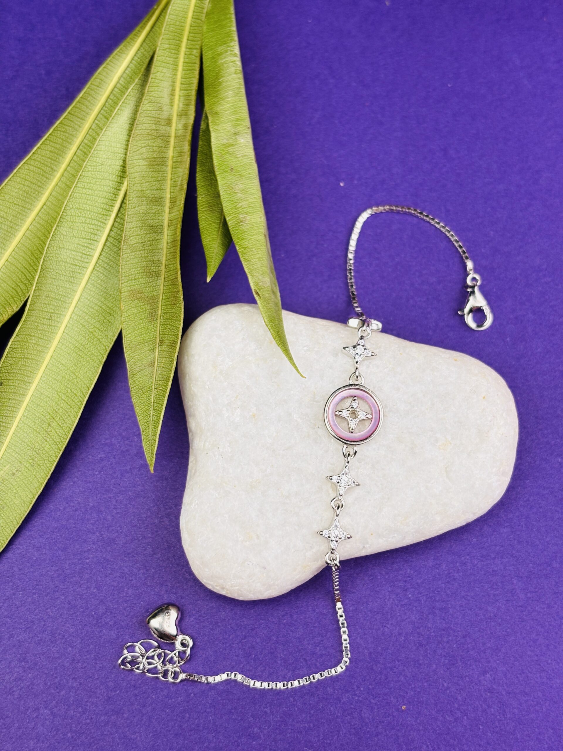 925 Sterling Silver Pink Enamel Bracelet Star Flower CZ Charm Adjustable Box Chain Women Gift - Image 3
